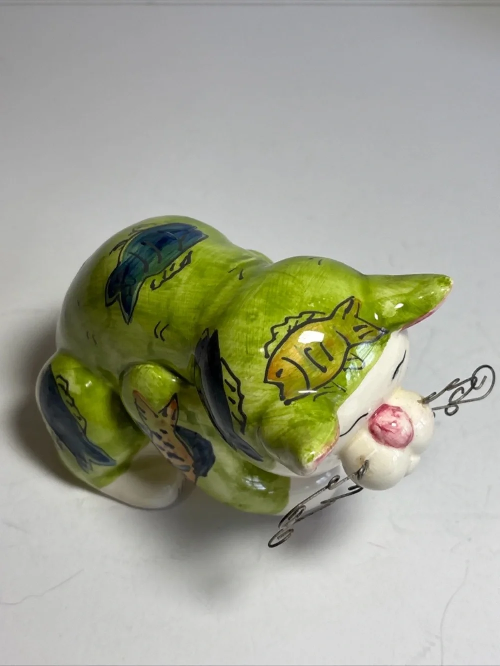 DEI Dennis East Intl Whimsical Cat, Green With Fish Pattern and Wire Whiskers - Picture 4 of 10